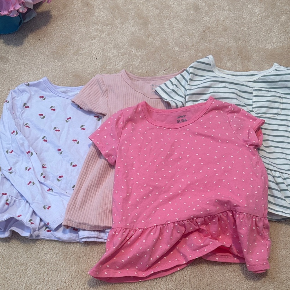 Set of Five Girls' T-Shirts in Pink, Purple, and Stripes